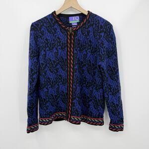 EQ Vintage Blue Black Abstract Knit Zip Cardigan Sweater M Retro 90s Artsy Boho